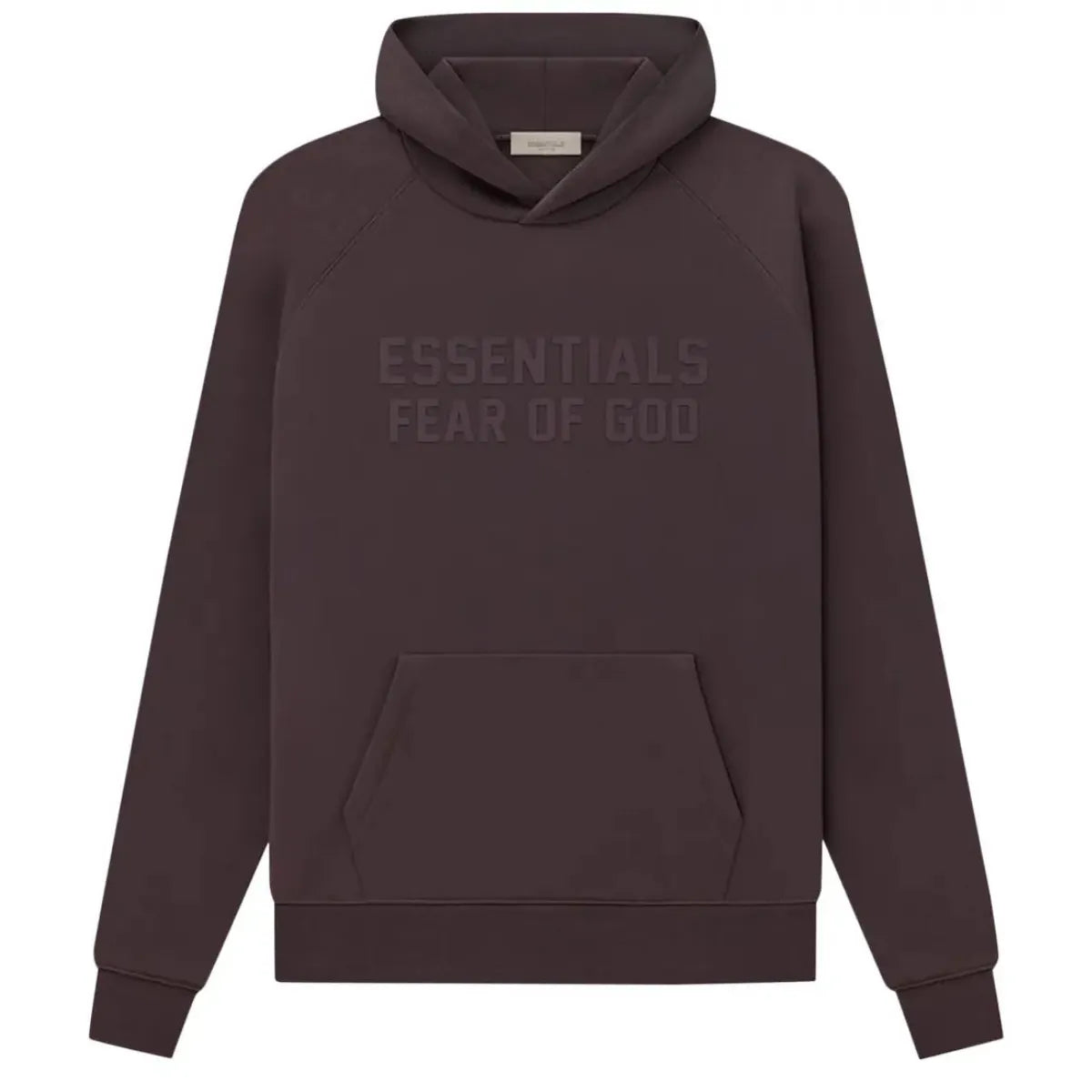 Fear of God Essentials Hoodie Plum, ciemna śliwkowa bluza z kapturem i wytłoczonym logo.