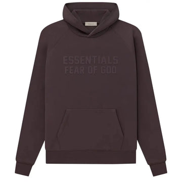 Fear of God Essentials Hoodie Plum, ciemna śliwkowa bluza z kapturem i wytłoczonym logo.