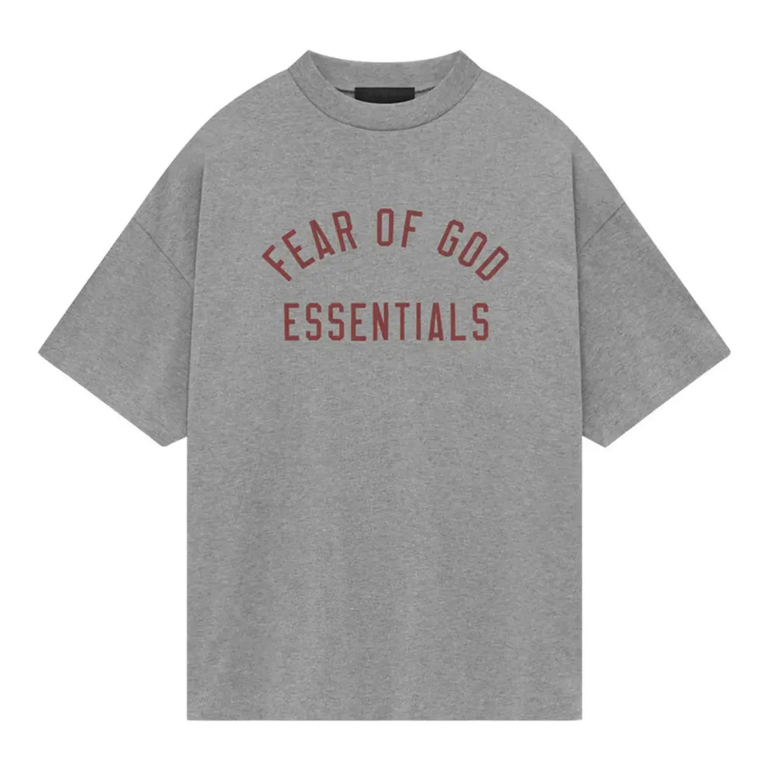 Fear of God Essentials Dark Heather jersey crewneck tee with red "Fear of God Essentials" logo.
