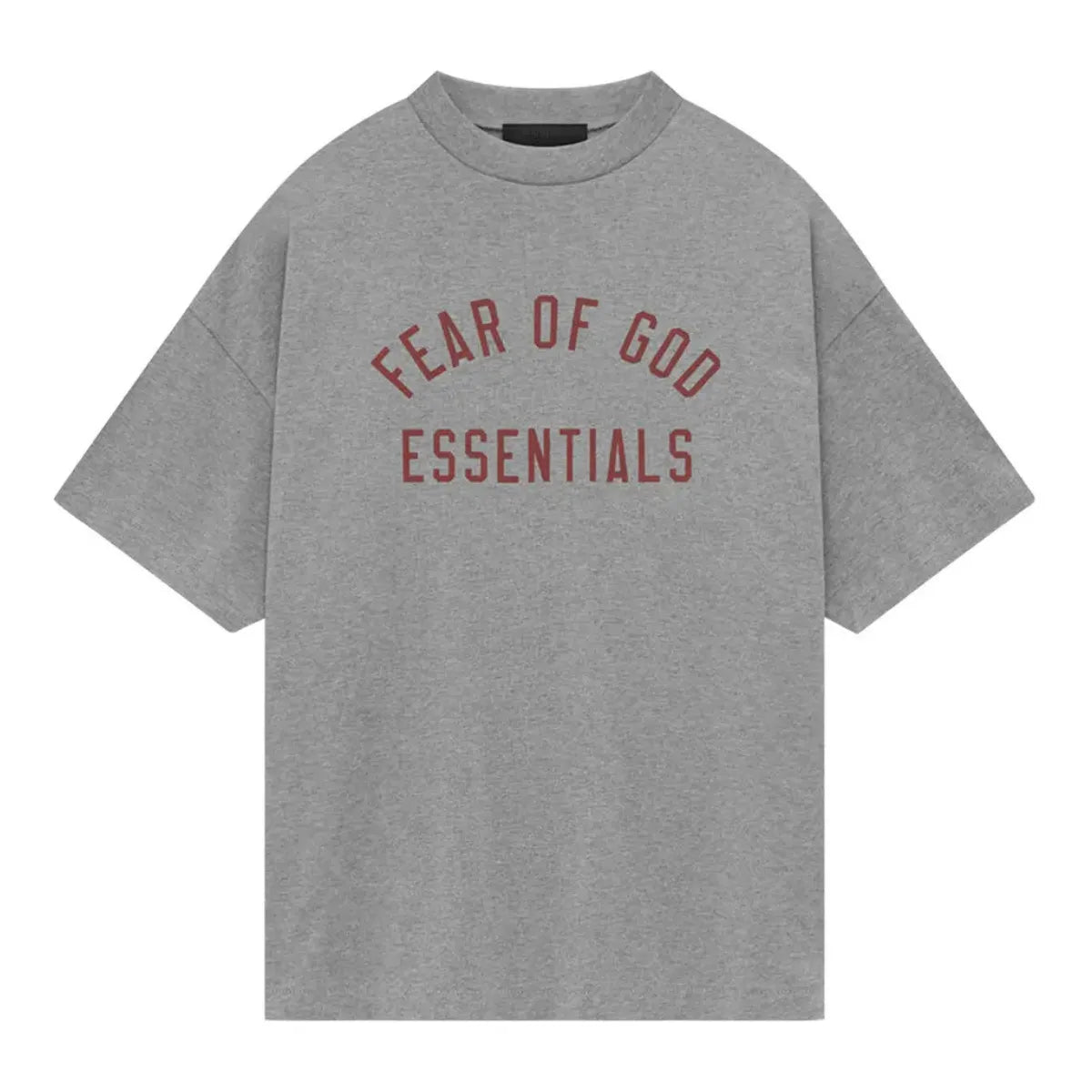 Fear of God Essentials Dark Heather jersey crewneck tee with red "Fear of God Essentials" logo.