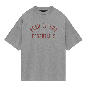 Fear of God Essentials Dark Heather jersey crewneck tee with red "Fear of God Essentials" logo.