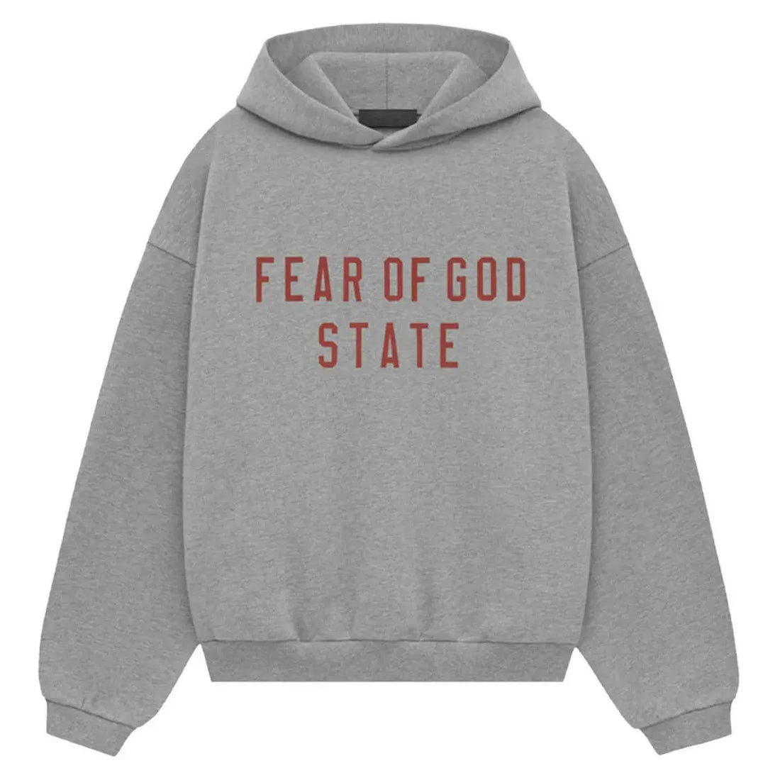 Fear of God Essentials Dark Heather fleece hoodie z czerwonym napisem "FEAR OF GOD STATE".