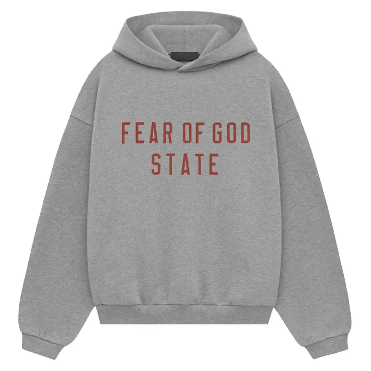 Fear of God Essentials Dark Heather fleece hoodie z czerwonym napisem "FEAR OF GOD STATE".