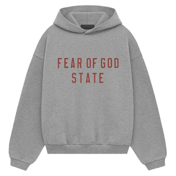 Fear of God Essentials Dark Heather fleece hoodie z czerwonym napisem "FEAR OF GOD STATE".