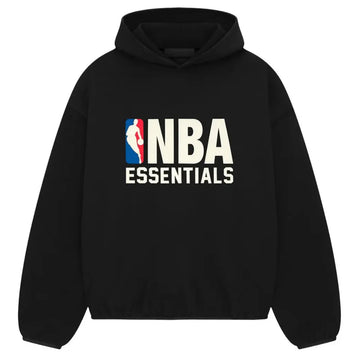 Czarna bluza Fear of God Essentials NBA FW24 z kapturem i białym logo NBA Essentials.