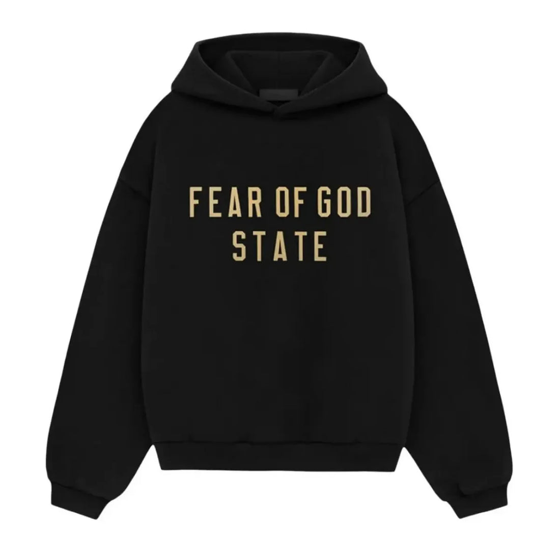Czarna bluza Fear of God Essentials z kapturem, złotym napisem "FEAR OF GOD STATE" i luźnym krojem.