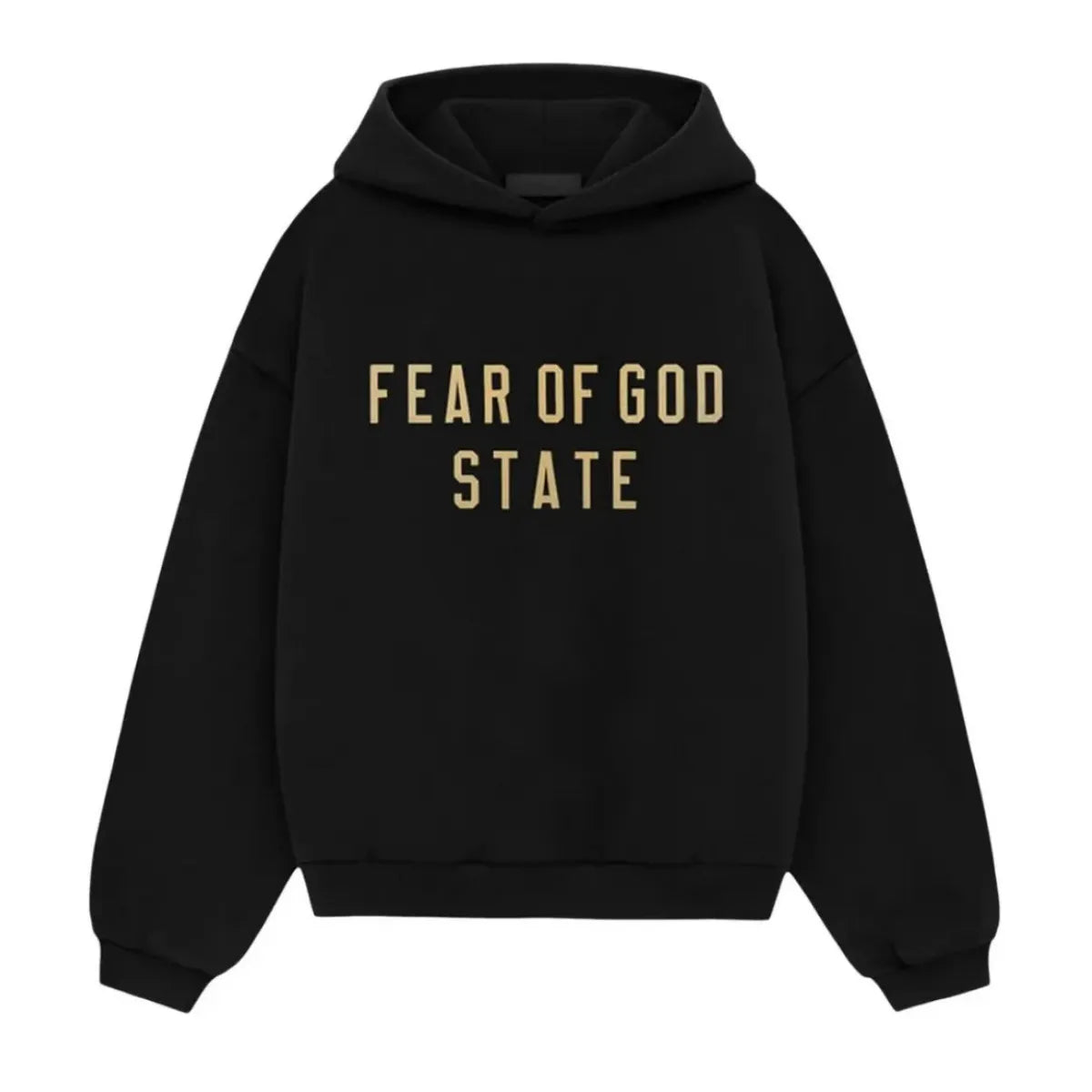 Czarna bluza Fear of God Essentials z kapturem, złotym napisem "FEAR OF GOD STATE" i luźnym krojem.