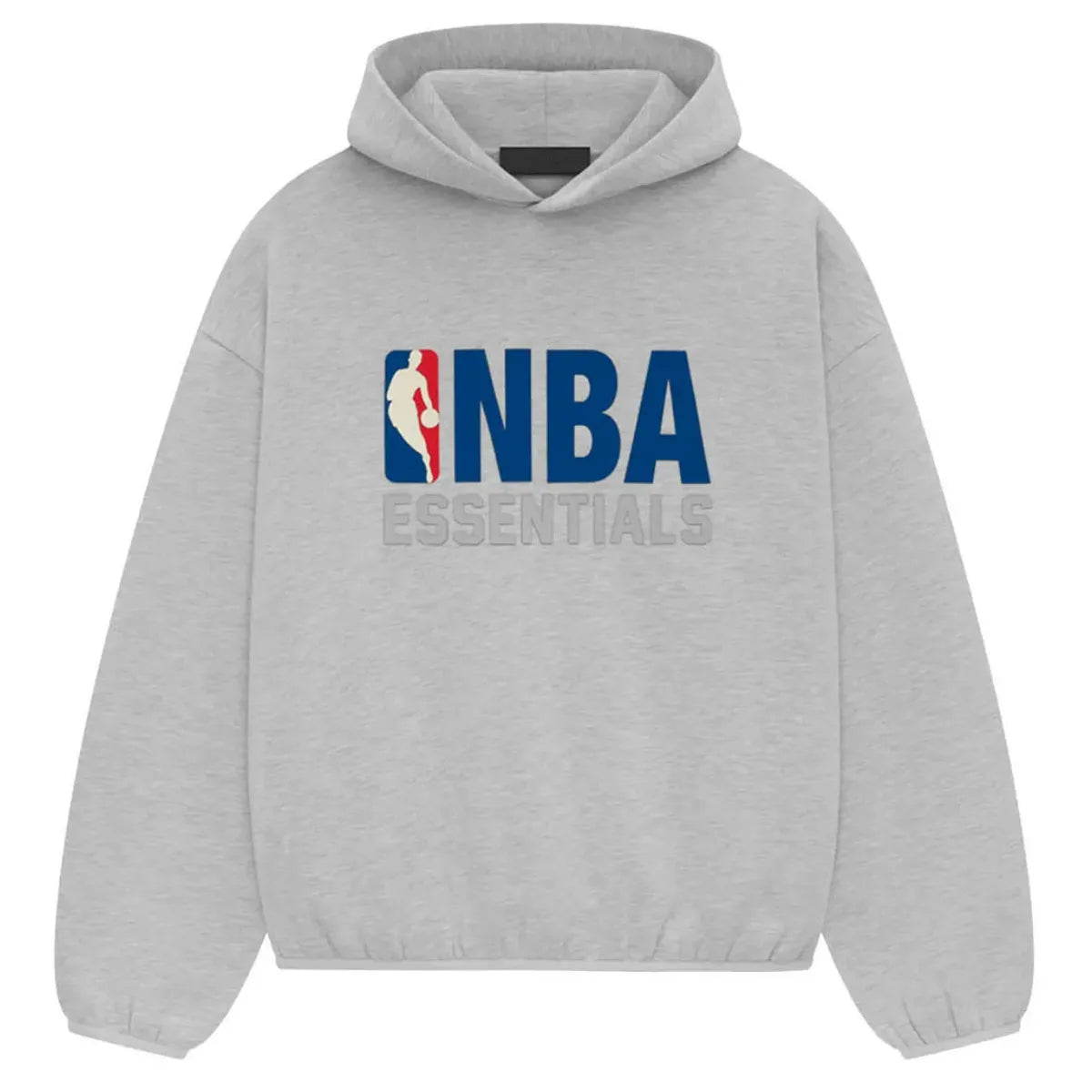 Fear of God Essentials NBA Light Heather Hoodie, jasna melanżowa szara bluza z kapturem i logo NBA.