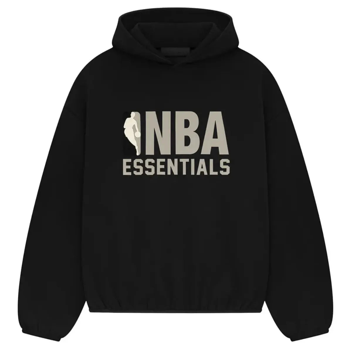 Czarna bluza Fear of God Essentials NBA SS25 z szarym logo NBA i Essentials na przodzie.