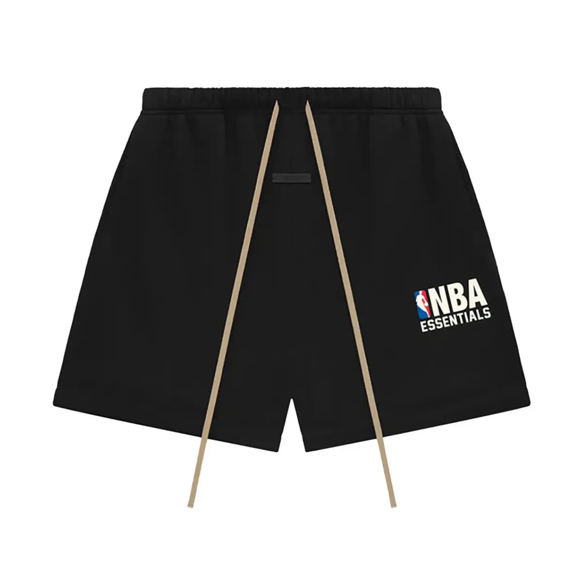 Czarne dresowe szorty Fear of God Essentials NBA z białym logo i beżowymi sznurkami.