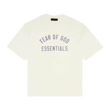 Kremowy T-shirt Fear of God Essentials Crewneck Tee 'Shell' z fioletowym logo na klatce piersiowej.