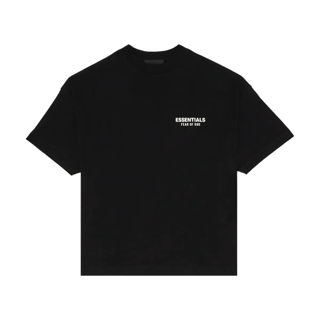 Czarna koszulka Fear of God Essentials Crewneck Tee z białym logo na piersi.