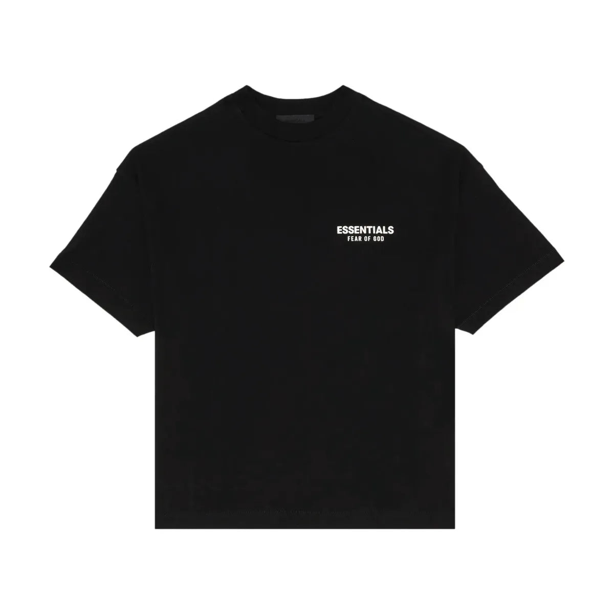 Czarna koszulka Fear of God Essentials Crewneck Tee z białym logo na piersi.