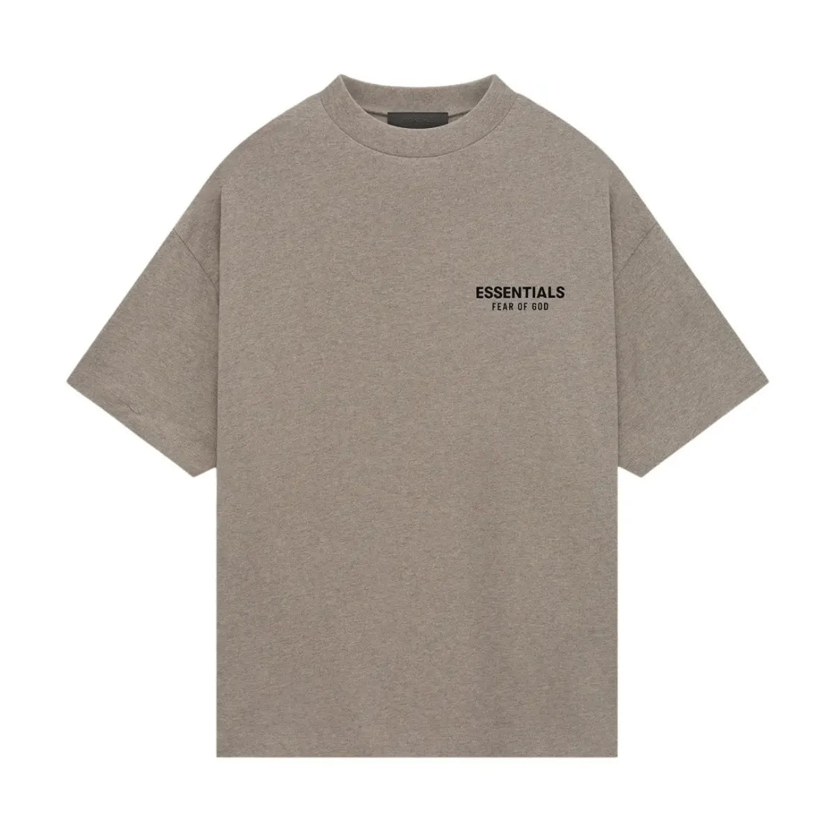 Fear of God Essentials Jersey Crewneck Tee w kolorze Light Heather Grey, z czarnym logo na piersi.