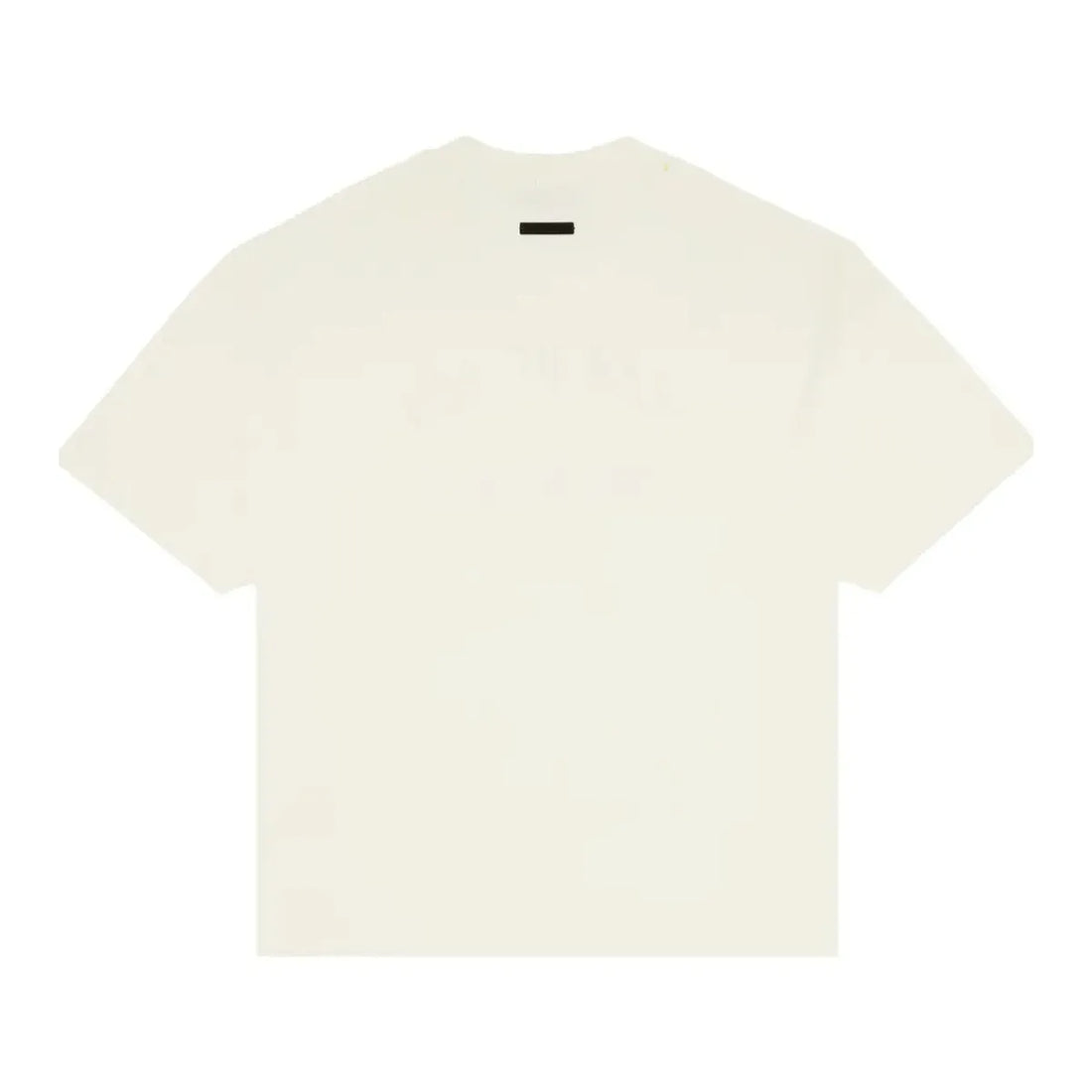Kremowy T-shirt Fear of God Essentials Crewneck Tee 'Shell' z fioletowym logo na klatce piersiowej.