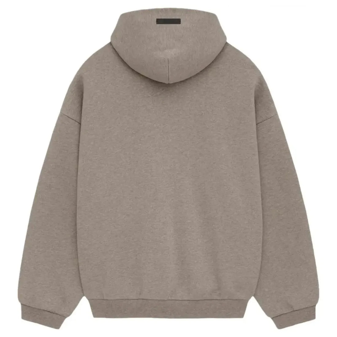 Fear of God Essentials Heather Grey State Fleece Hoodie with white arched logo.