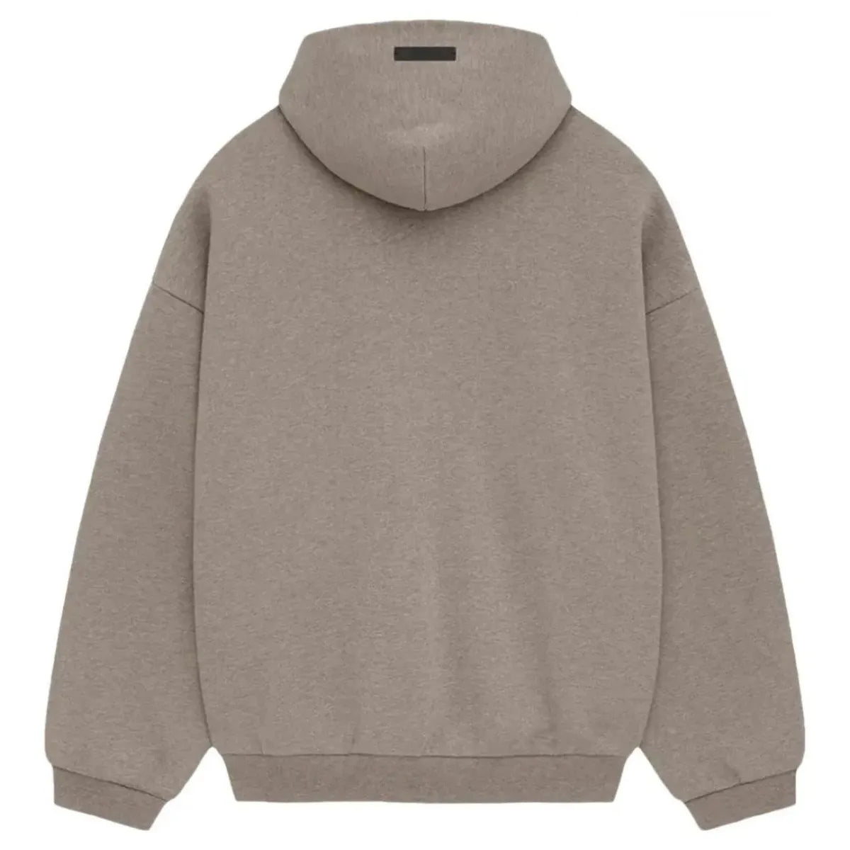 Fear of God Essentials Heather Grey State Fleece Hoodie, oversized fit, with a black Essentials label on the hood.