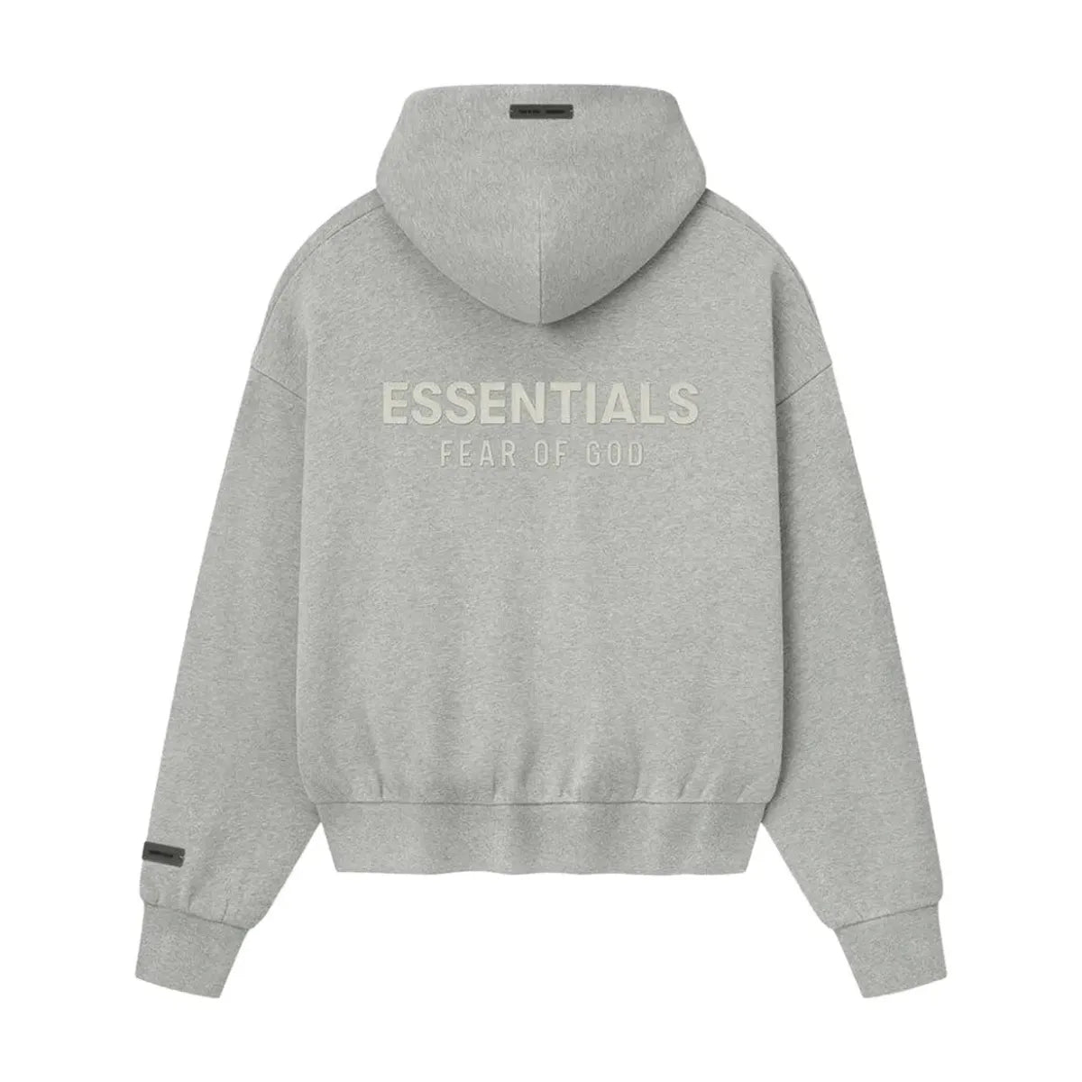 Bluza Fear of God Essentials Classic Zip-Up 'Concrete Heather' z szarego fleece, oversize, z logo na plecach.