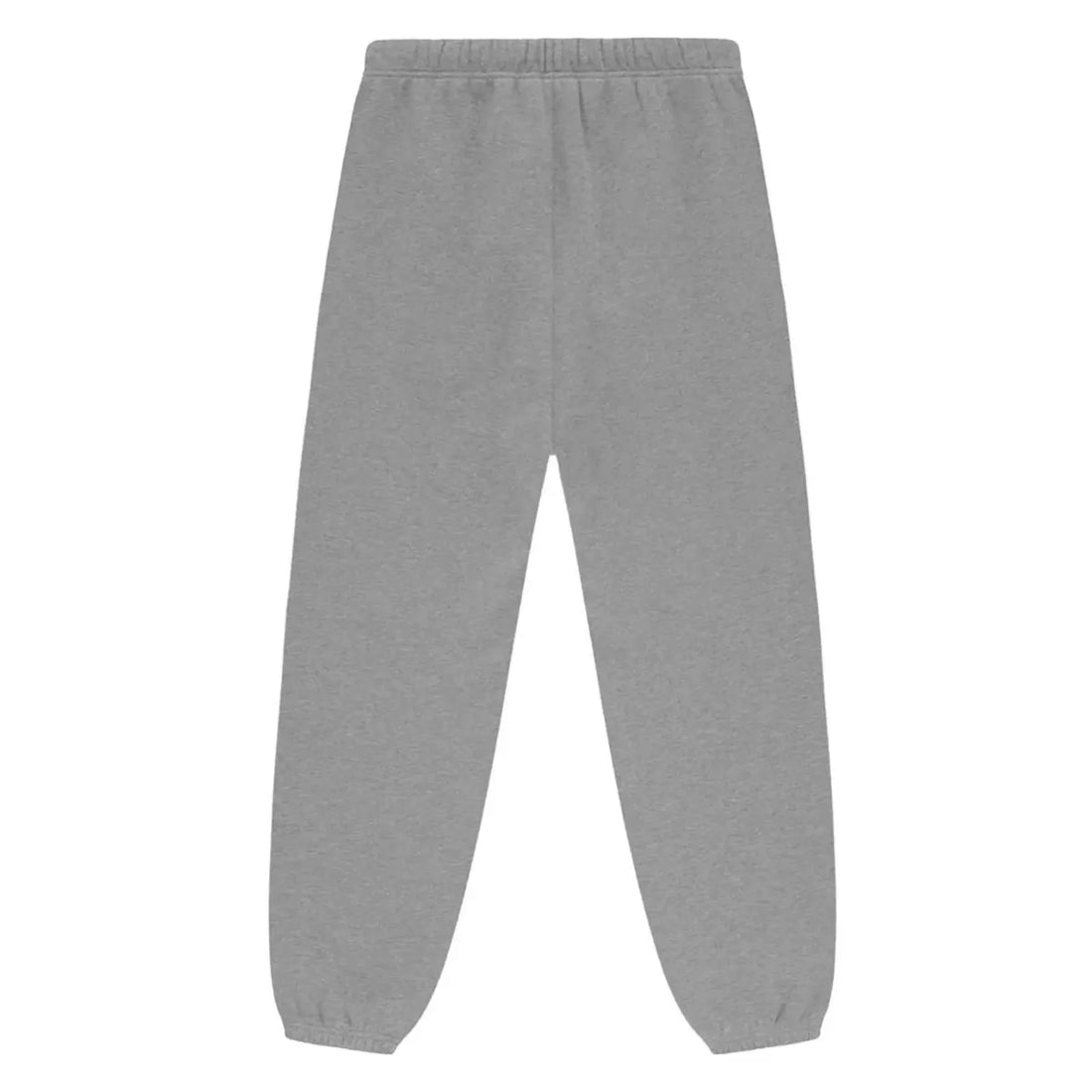 Fear of God Essentials Dark Heather fleece sweatpants with "FEAR OF GOD STATE" in red text.