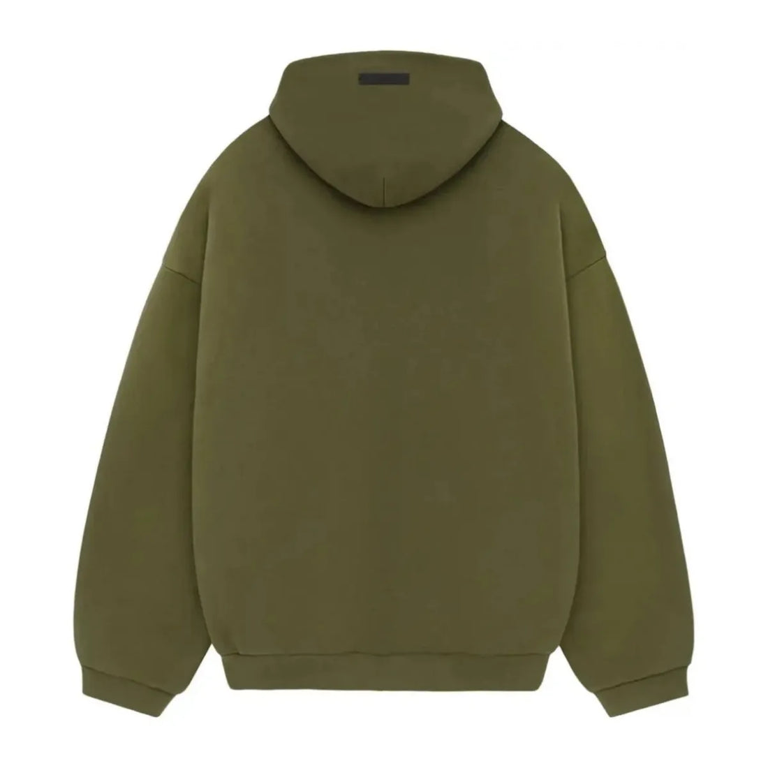 Fear of God Essentials Military Fleece Hoodie w kolorze oliwkowej zieleni z białym logo.