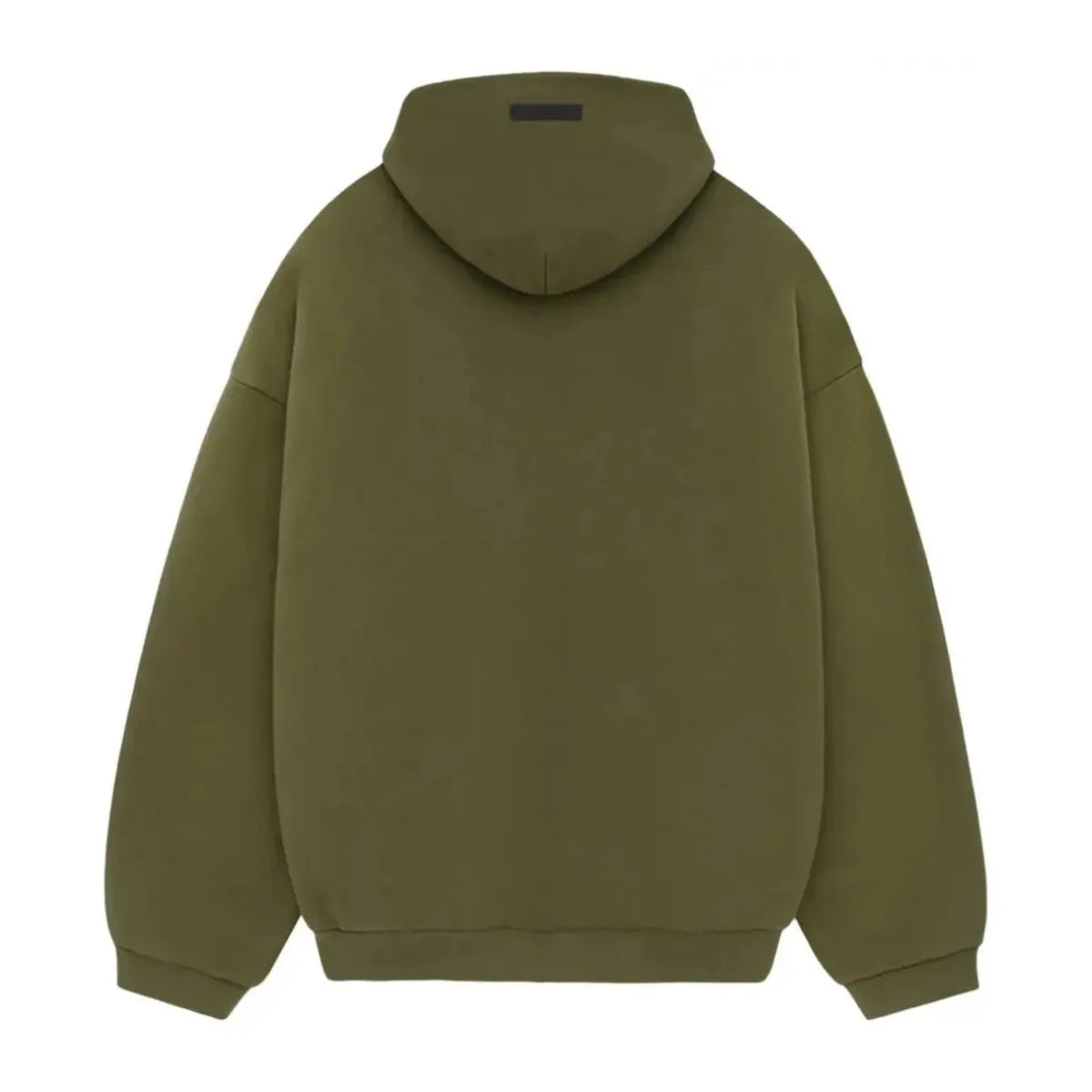 Fear of God Essentials Military Fleece Hoodie w kolorze ciemnej oliwki, z kapturem i minimalistycznym designem.