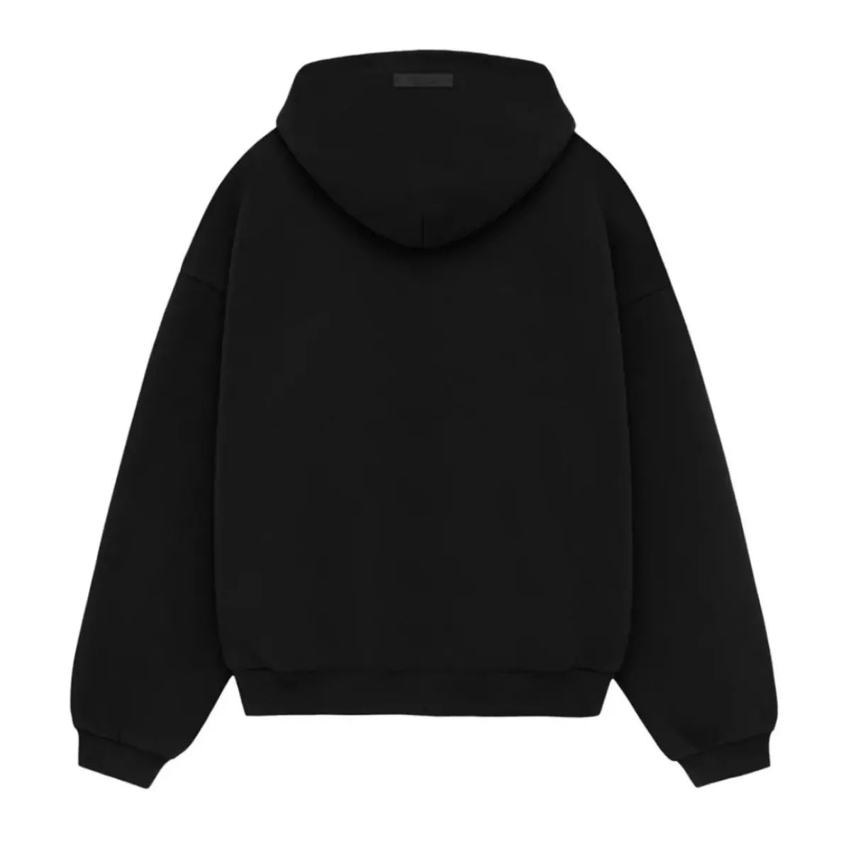 Czarna bluza Fear of God Essentials z kapturem, wykonana z miękkiego polaru, widok z tyłu.