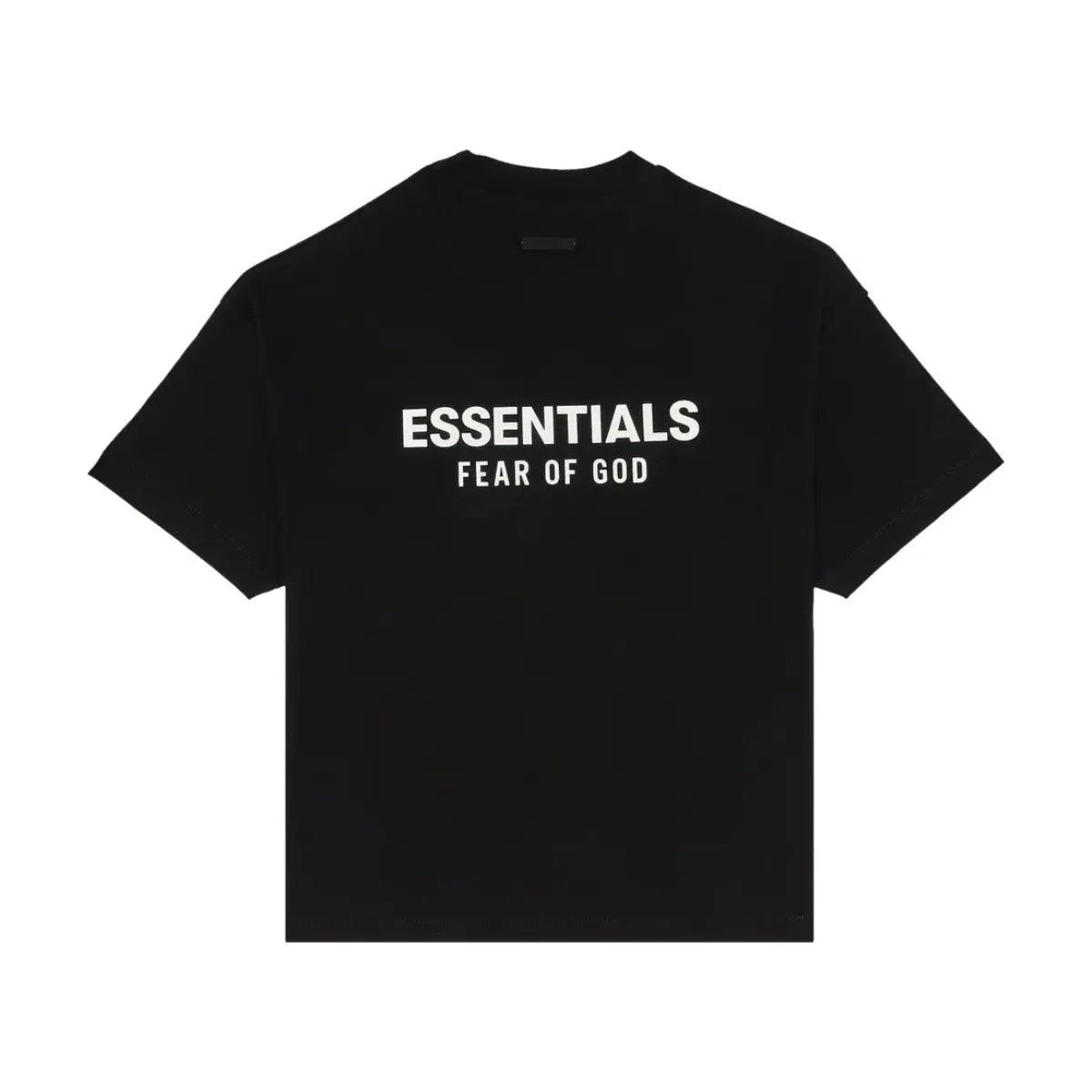 Czarny T-shirt Fear of God Essentials z bawełnianej dzianiny jersey, z białym logo na plecach.