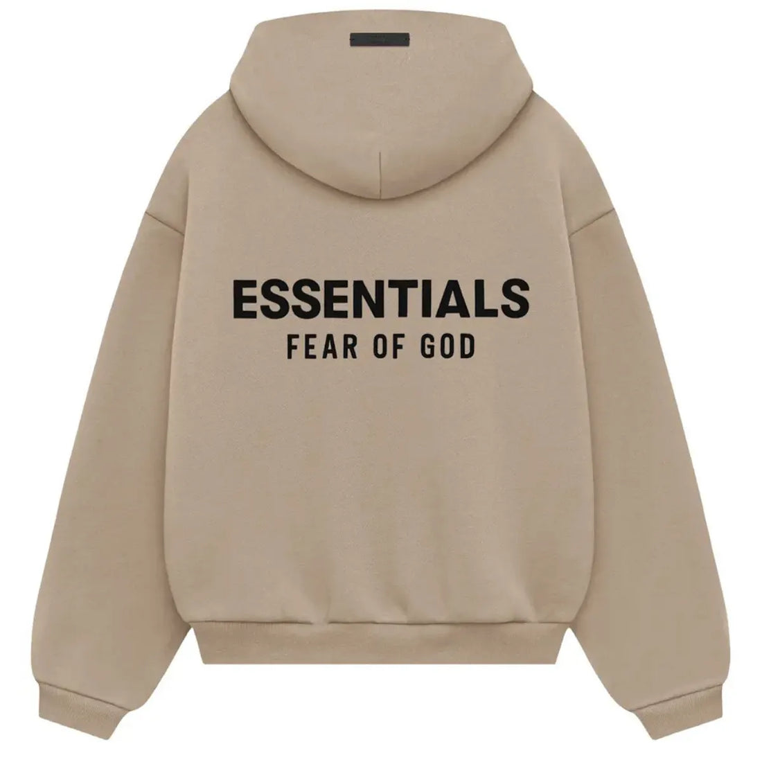 Fear of God Essentials Fleece Hoodie w kolorze Desert Sand z czarnym logo na piersi.