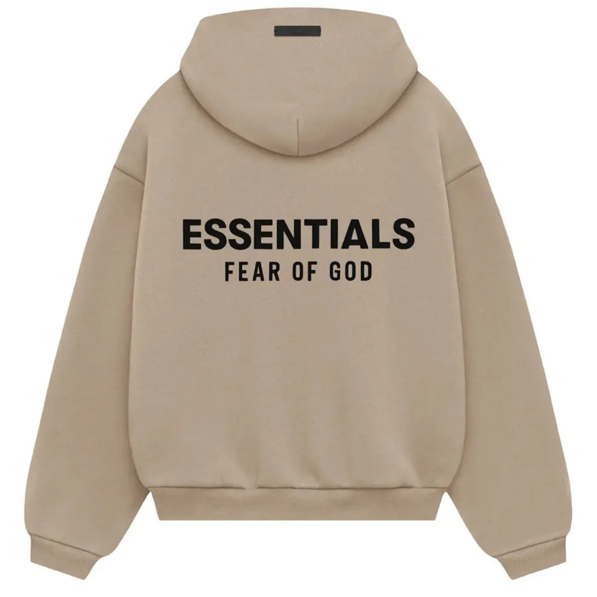 Fear of God Essentials Fleece Hoodie Desert Sand, beżowa bluza z kapturem i czarnym logo na plecach.