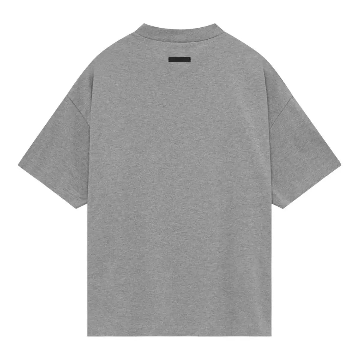 Fear of God Essentials Dark Heather jersey crewneck tee, back view with black brand label.