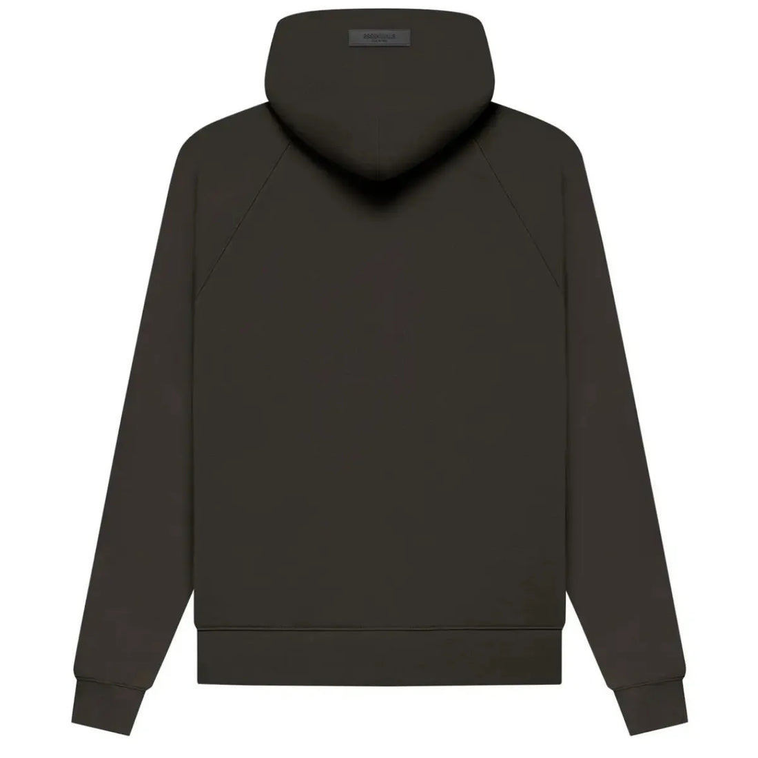 Fear of God Essentials Hoodie Off Black z wytłoczonym logo i kieszenią kangurką.