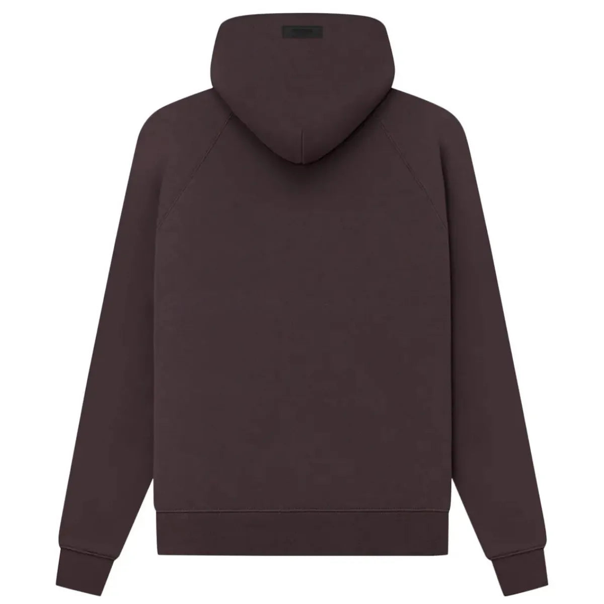 Fear of God Essentials Hoodie Plum, tył, głęboka śliwka, luźny krój, raglanowe rękawy, metka na kapturze.