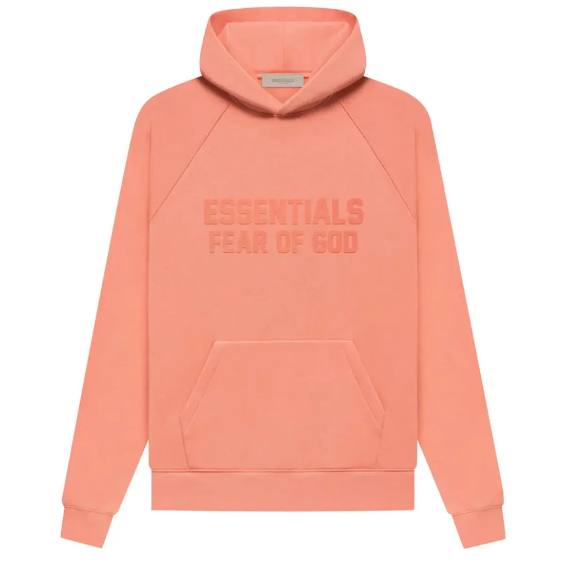 Fear of God Essentials Coral Hoodie z wytłoczonym logo i kieszenią kangurką.