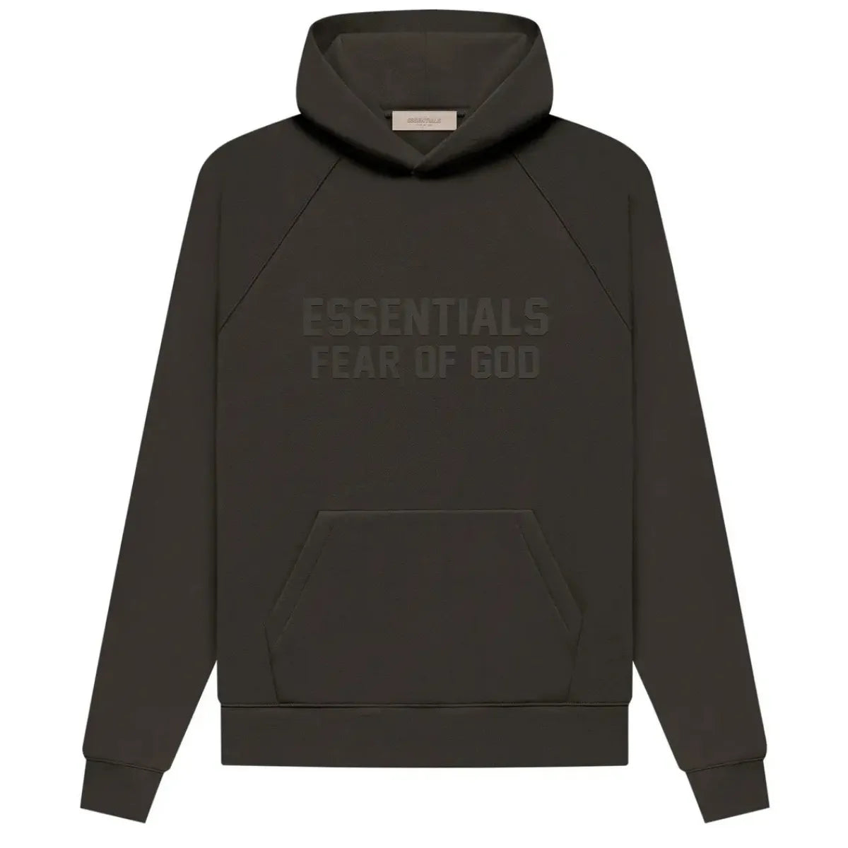 Fear of God Essentials Hoodie Off Black z wytłoczonym logo i kieszenią kangurką.