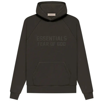 Fear of God Essentials Hoodie Off Black z wytłoczonym logo i kieszenią kangurką.