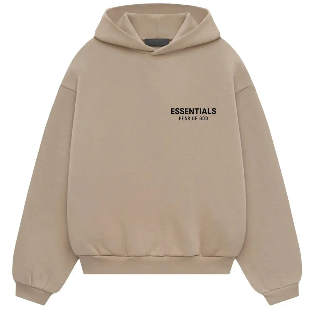 Fear of God Essentials Fleece Hoodie w kolorze Desert Sand z czarnym logo na piersi.
