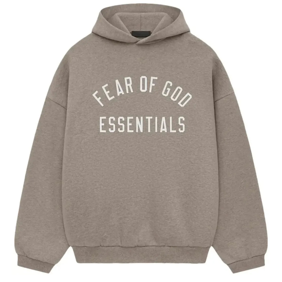 Fear of God Essentials Heather Grey State Fleece Hoodie with white arched logo.
