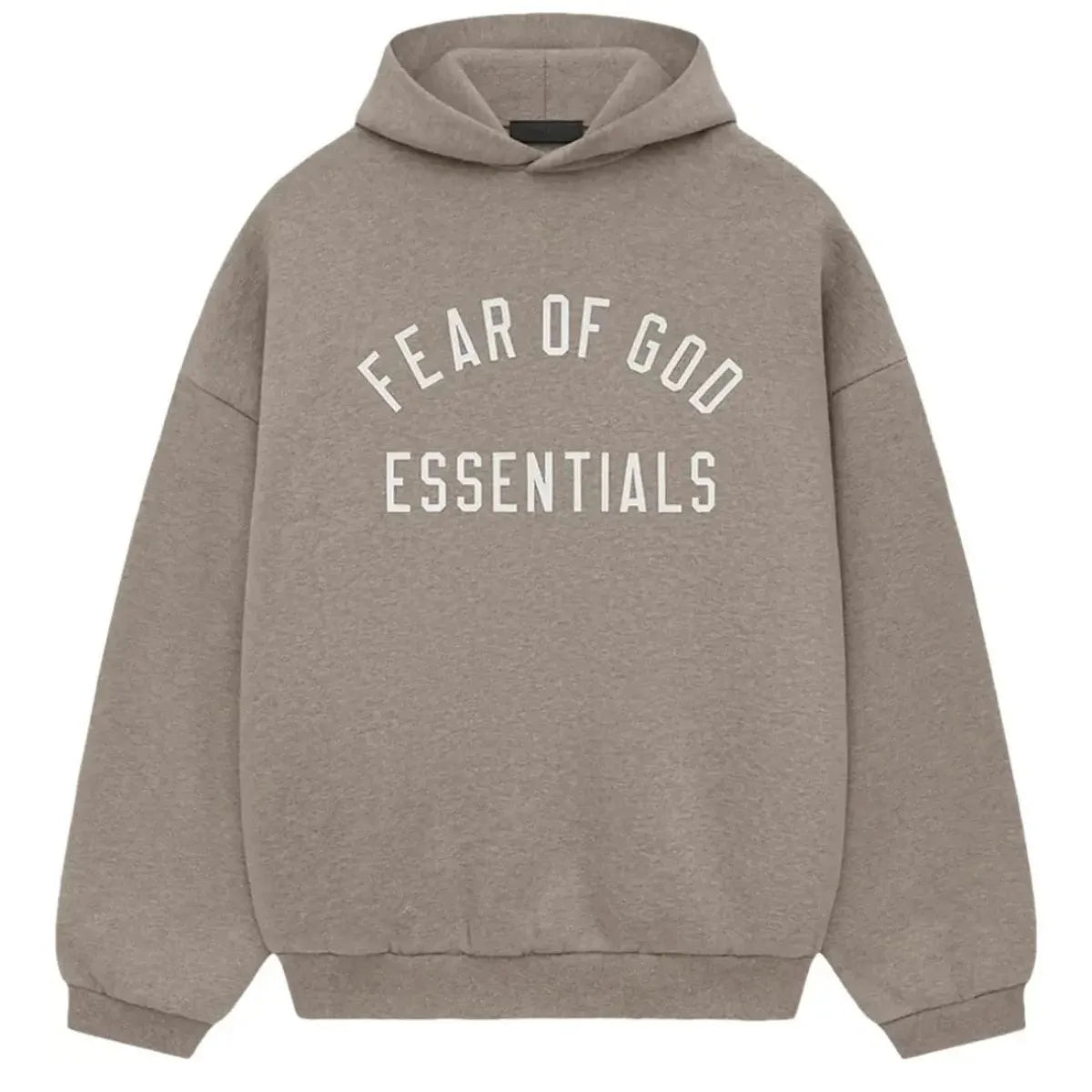 Fear of God Essentials Heather Grey State Fleece Hoodie with white arched logo.