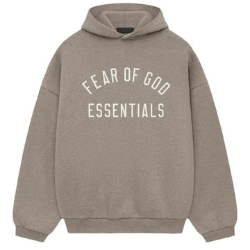 Fear of God Essentials Heather Grey State Fleece Hoodie with white arched logo.