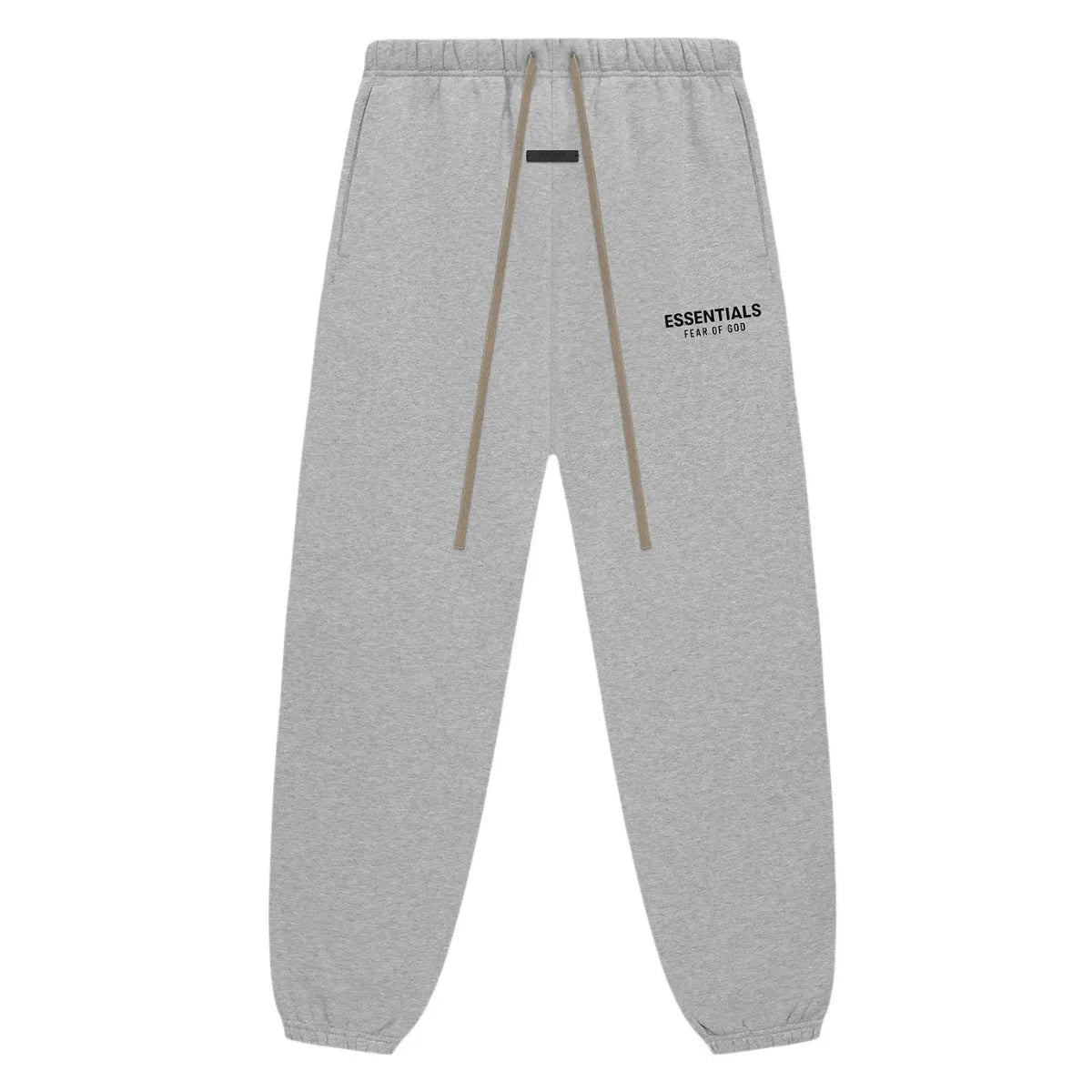 Fear of God Essentials Light Heather Grey fleece sweatpants with black logo and brown drawstrings.