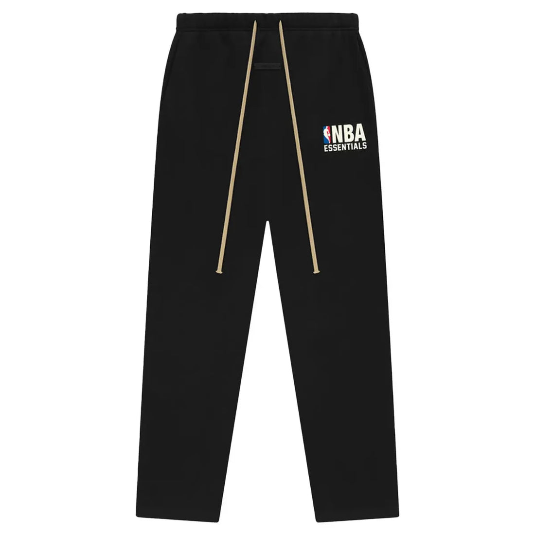 Czarne spodnie dresowe Fear of God Essentials NBA FW24 z beżowym sznurkiem i logo NBA Essentials.