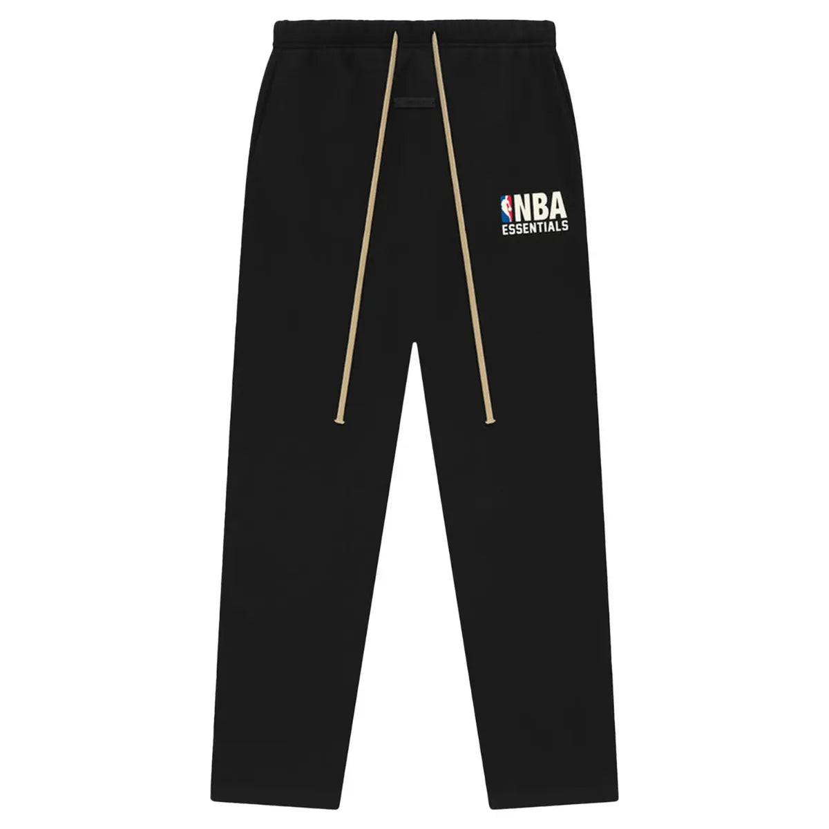 Czarne spodnie dresowe Fear of God Essentials NBA FW24 z beżowym sznurkiem i logo NBA Essentials.