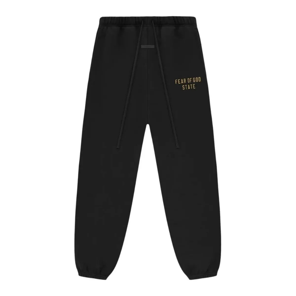 Czarne spodnie dresowe Fear of God Essentials z polaru ze złotym logo i sznurkami.