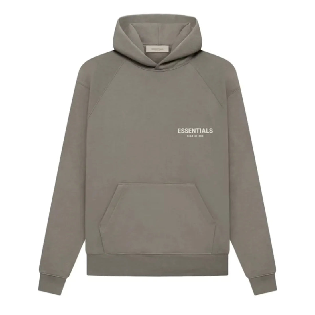 Fear of God Essentials Hoodie Desert Taupe, beżowo-szara bluza z kapturem i logo Essentials.