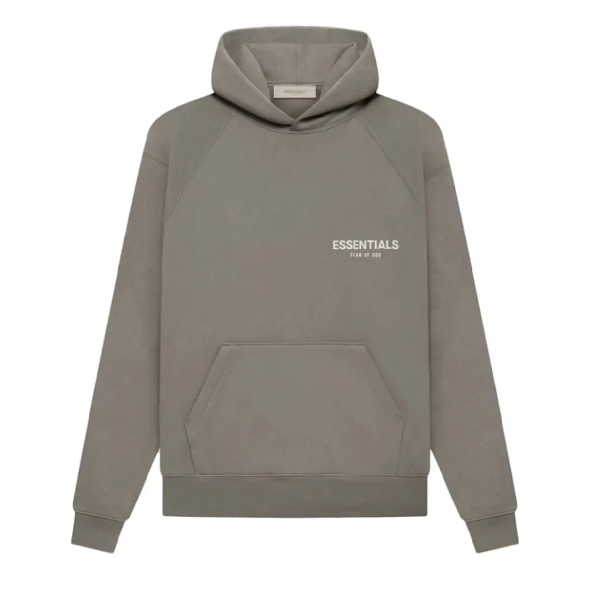 Fear of God Essentials Hoodie Desert Taupe, beżowo-szara bluza z kapturem i logo Essentials.