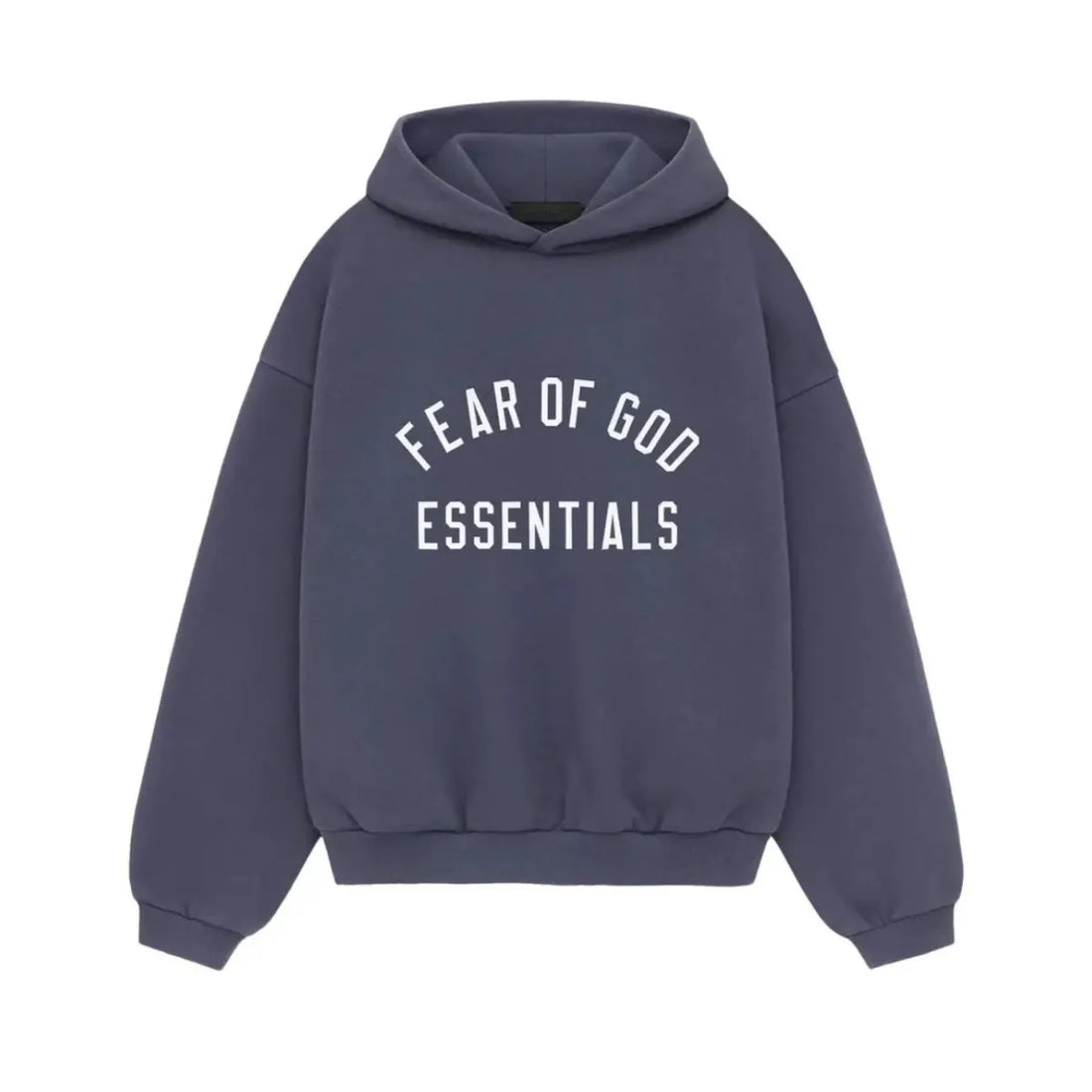 Fear of God Essentials Marine Fleece Hoodie w głębokim granacie z morskim podtonem, z białym logo.