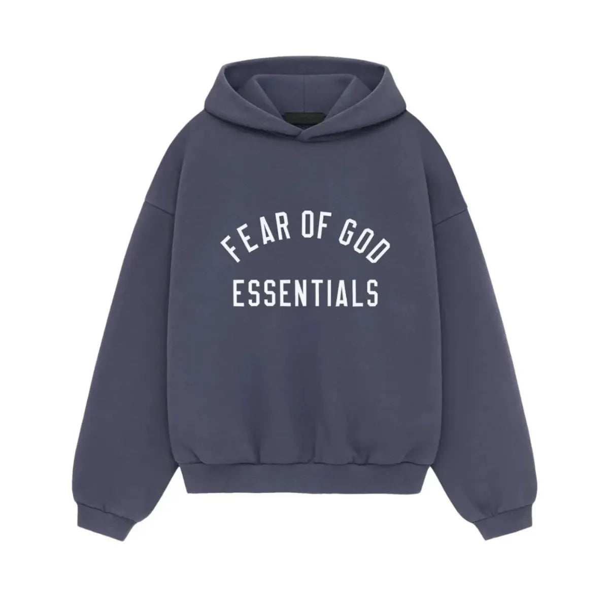 Fear of God Essentials Marine Fleece Hoodie w głębokim granacie z morskim podtonem, z białym logo.