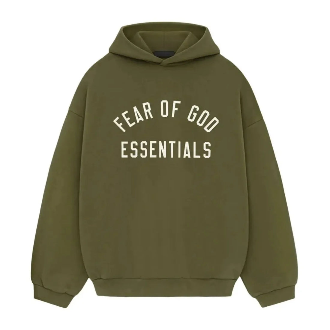 Fear of God Essentials Military Fleece Hoodie w kolorze oliwkowej zieleni z białym logo.