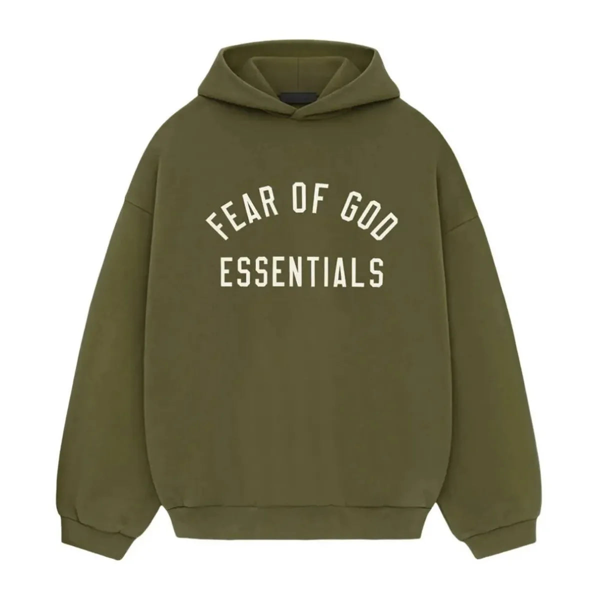 Fear of God Essentials Military Fleece Hoodie w kolorze oliwkowej zieleni z białym logo.