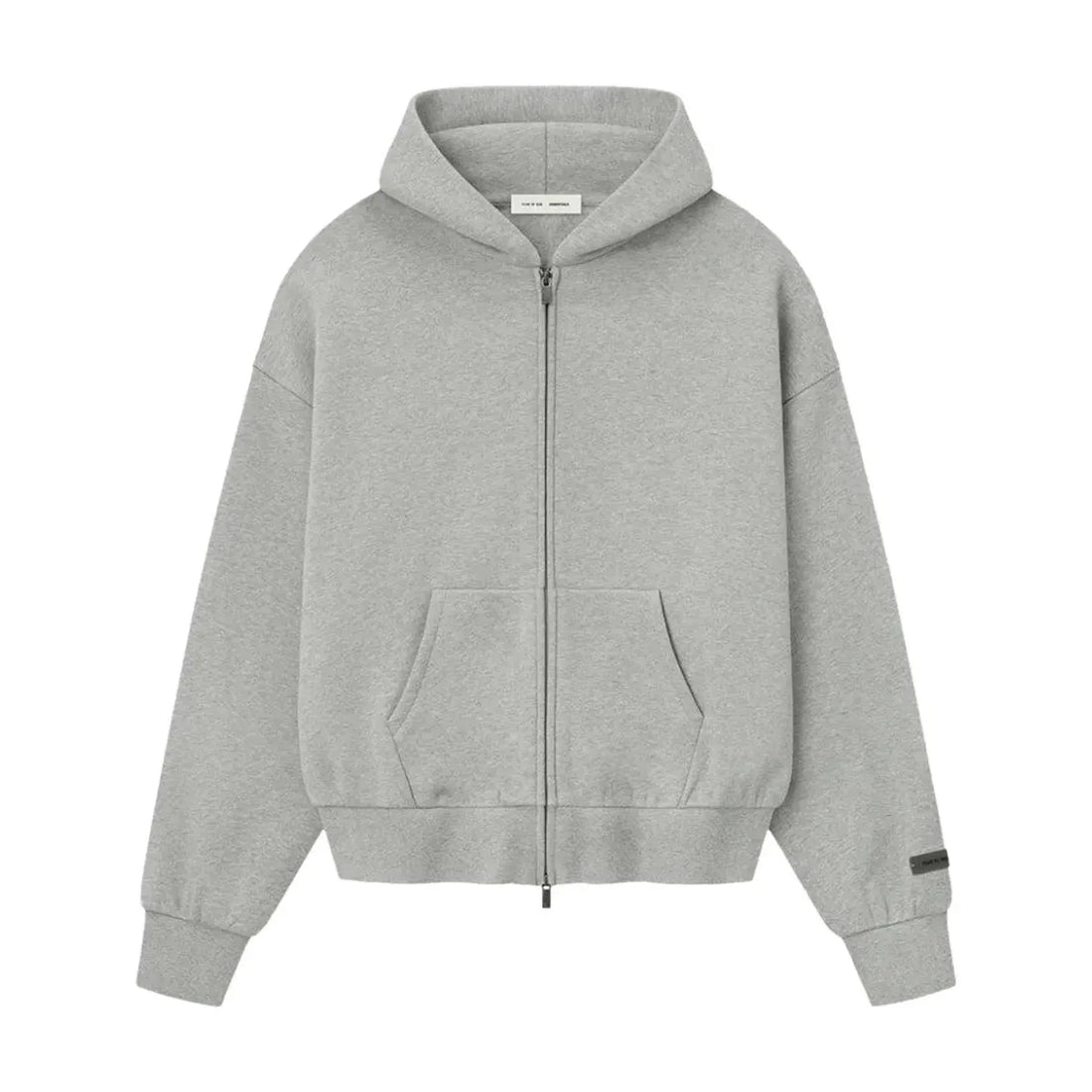 Fear of God Essentials Classic Zip-Up 'Concrete Heather' – oversize bluza z szarego fleece 380gsm, z zamkiem i kapturem.